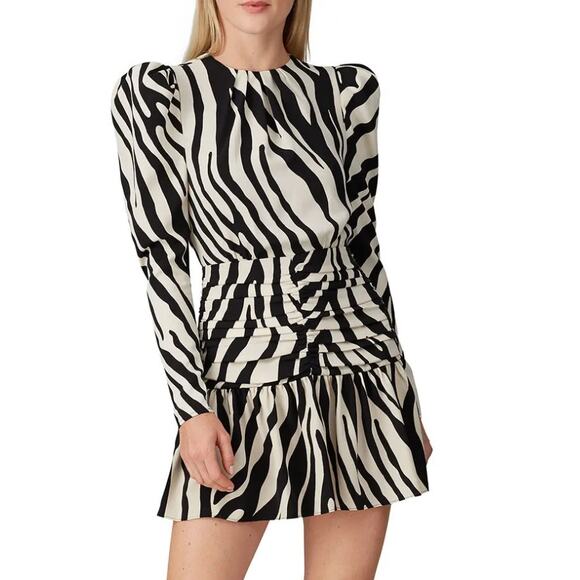 Ronny Kobo Ruched Zebra Mini Dress XS Black Fit and Flare Pleated Designer $498 - Picture 1 of 11